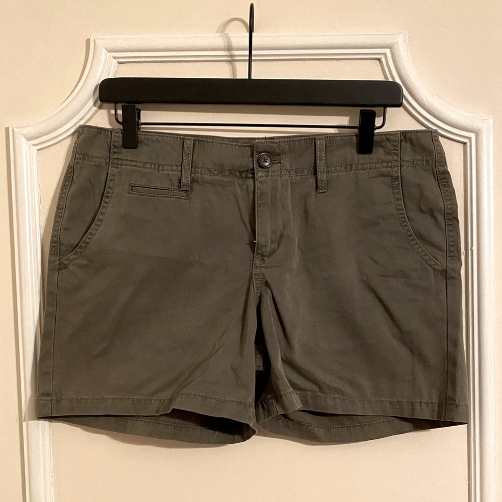 Army green shorts.  5”